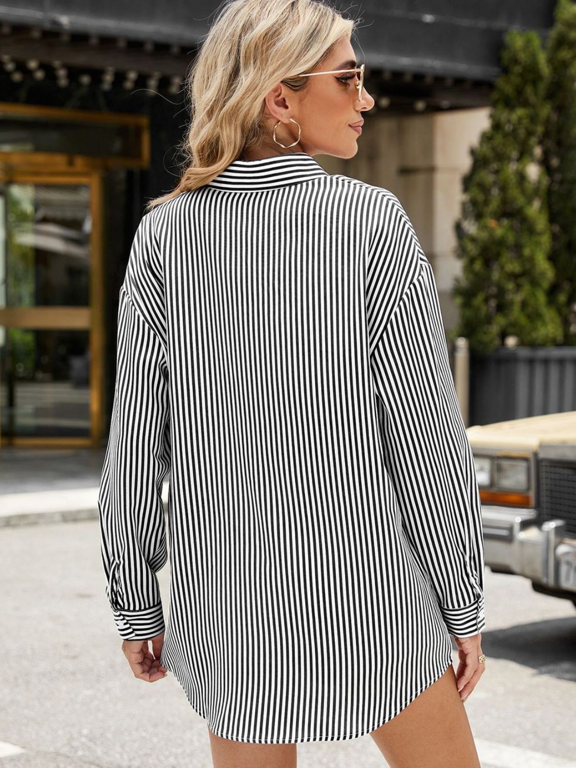 Pocketed Striped Collared Neck Long Sleeve Shirt