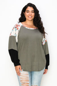 Plus Partially Floral Color Block Top