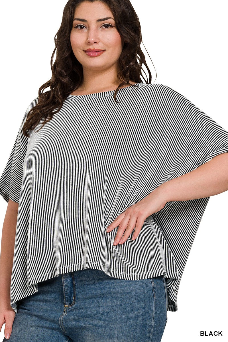 PLUS RIBBED STRIPED OVERSIZED SHORT SLEEVE TOP