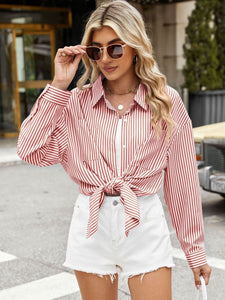 Pocketed Striped Collared Neck Long Sleeve Shirt