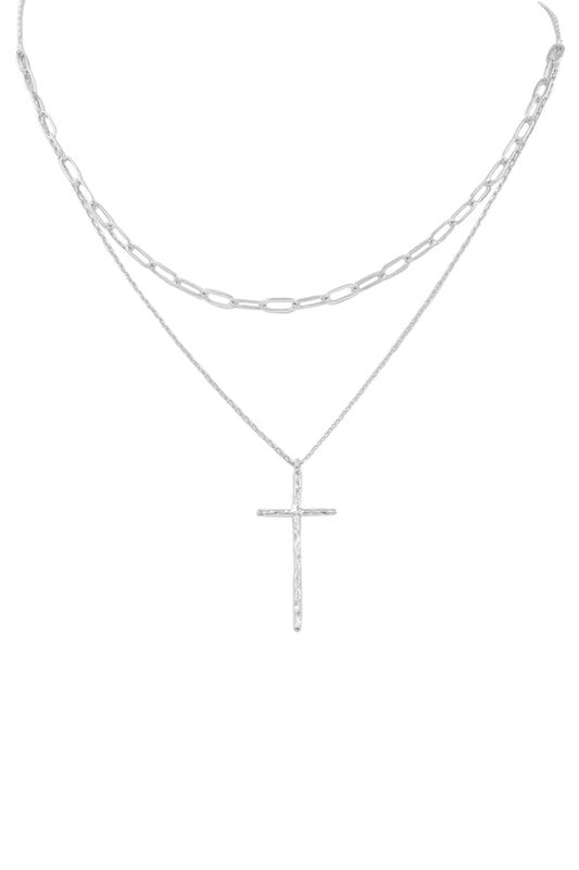 Brass Metal Cross Layered Necklace