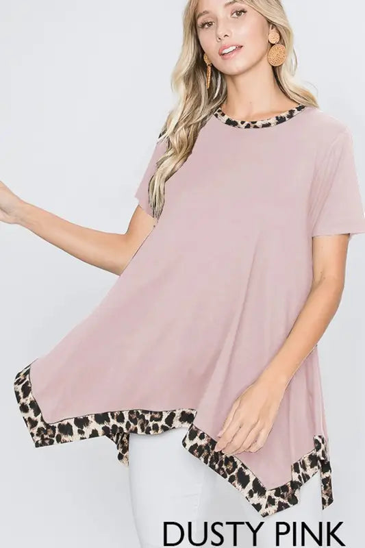 Short Sleeve Leopard Print Trim Top