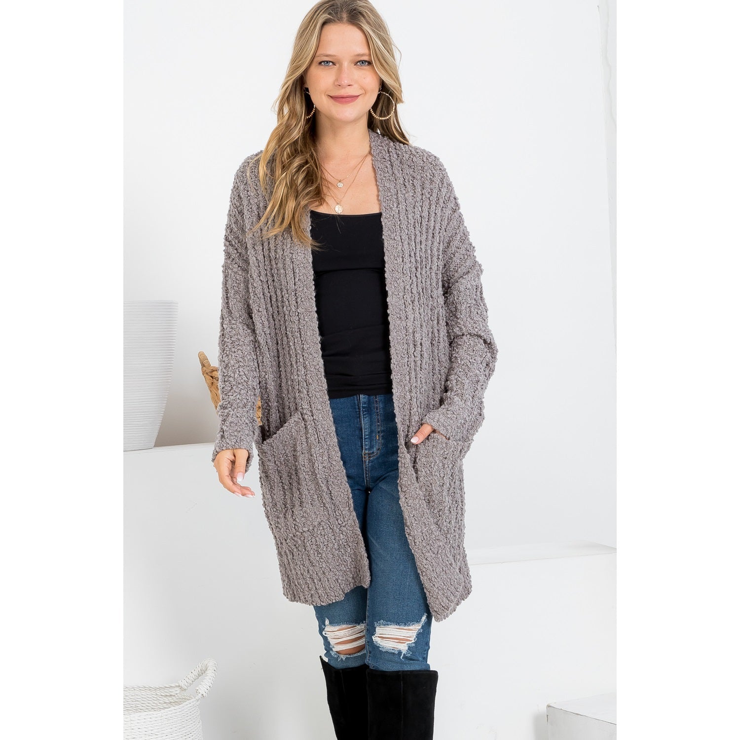 Plus Light Popcorn knit long Cardigan with Pockets